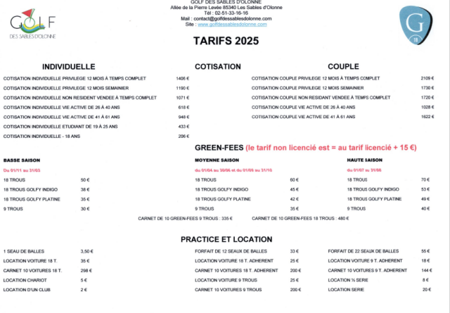Tarifs 2025